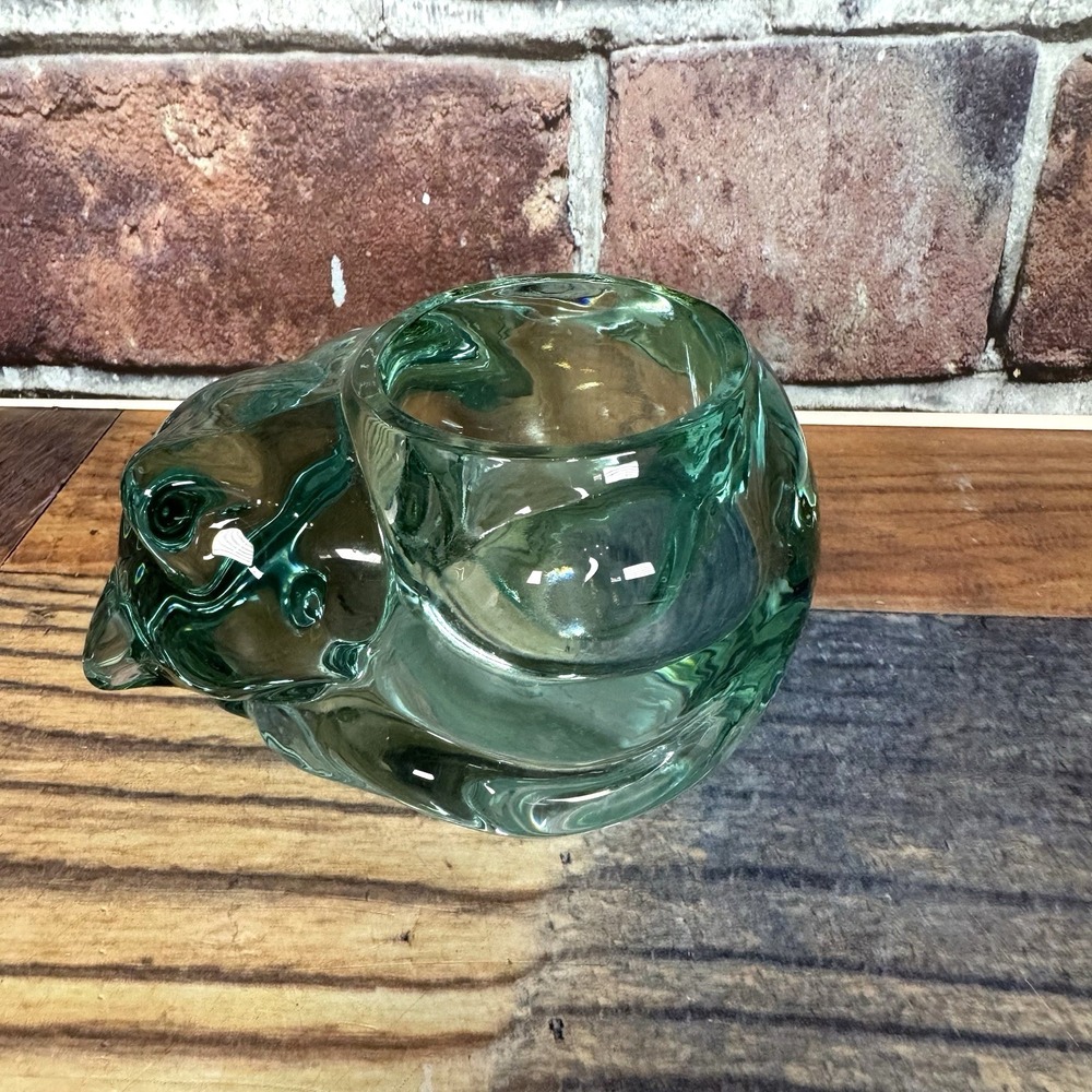 Indiana Glass Sleeping Cat Kitten Teal Green Glass Votive Candle Holder Vintage